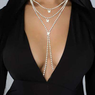 China 2022 New Women's Butterfly Body Chain Water Drill Soft Sparkly Diamond Body Chain Sexy Multilayer Nipple Chain for sale