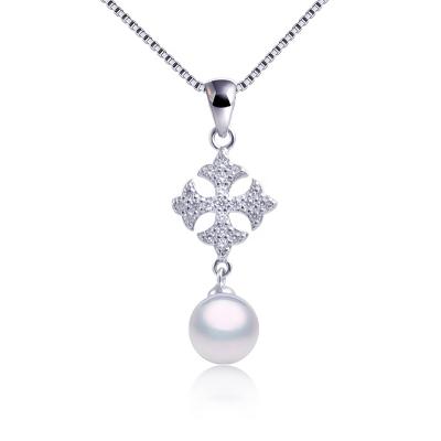 China CLASSIC White Cross Freshwater Pearl Stand Pendant S925 Sterling Silver Rhodium Good Design for sale