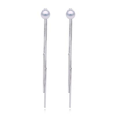 China E004CP S925 CLASSIC Silver Long Chain Tassel Pearl Stud Earrings Freshwater For Women 2020 for sale