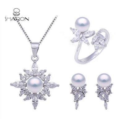 China Simple High Quality Silver Pearl Jewelry Set Luxury Big Flower Sterling Silver Pearl Pendant Set for sale