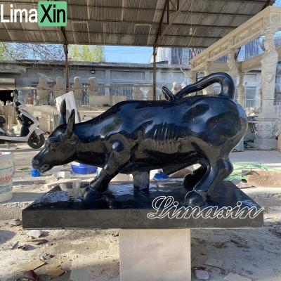 China Contemporary Newly Finished Marble Bull Sculpture Hand Carved Black Marble Statue Animal High Polished Bull Statue for sale