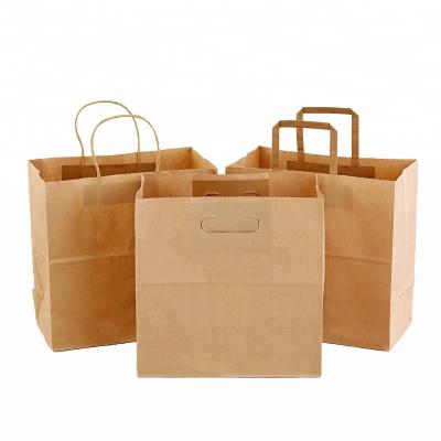 China Keaft Recyclable Wholesale Food Paper Bag Fashion Handle Shopping Kraft Paper Bag Brand Takeout Food With Handle for sale