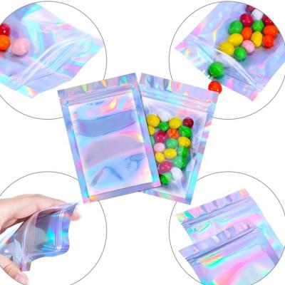 China Recyclable Front Packaging Hologram Holographic Rainbow Color Clear Food Bag Smell Proof Smell Proof Resealable Ziplock Zipper Mylar Bags for sale