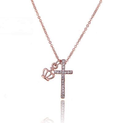 China Rose Gold Plated Religious CZ Pave Cross and Crown 925 Sterling Silver Pendant for sale