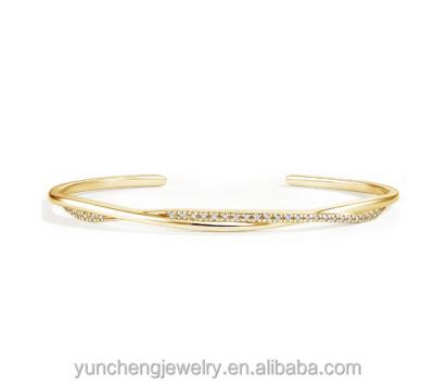 China CLASSIC Trendy 18K Gold Shimmering White Diamond Small CZ Twisted Cuff Bangle in 925 Sterling Silver for sale