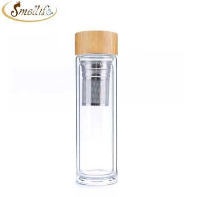 China Sustainable BPA Free Double Wall Insulated Borosilicate Tumbler Glass Water Bottle Thermos Cups With Lid And Bamboo Tea Infuser for sale