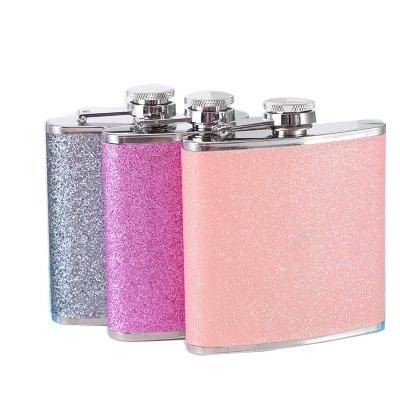 China Whiskey Women Lace Glitter Leather Wrapped Stainless Steel Wine Whiskey Alcohol Brandy Vodka Hip Flasks for sale