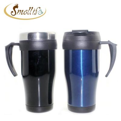 China Sustainable Stainless Steel 16oz Plastic Double Wall Travel Thermal Coffee Mug With Flip Lids for sale