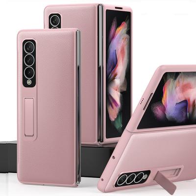 China Shockproof Genuine Leather Bracket Case For Z Fold 3 Leather Shell And Membrane Integration Filp Cover Case For Galaxy Z Fold 3 for sale