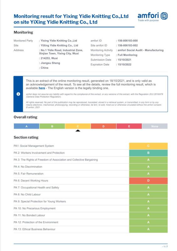 BSCI - Yixing Yidie Knitting Co., Ltd.