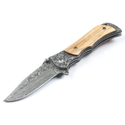 China OEM Small Laser Damascus Pocket Knife Camping Survival Non-variable Steel Folding Knife With Wood Handle for sale