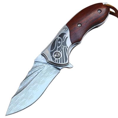 China Dalbergia Non-variable Natural Handle Small Damascus Steel Pocket Folding Knife With Knife Leather Sheath for sale