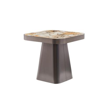 China Modern Luxury Glossy Agglomerated Stone Slab Top Veneered Stainless Steel Side CoffeeTable Quadrate for sale