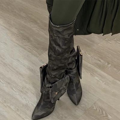 China Fashion Trend Women Shoes Custom Boots Camouflage Pointed Toe High Heel Over The Knee Boots With Pockets Long for sale