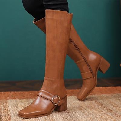 China Customized Size Upper 45 Toe Zip Knee High Boots Square Chunky Heel Winter Booty Anti-Smell Women Boots Large for sale