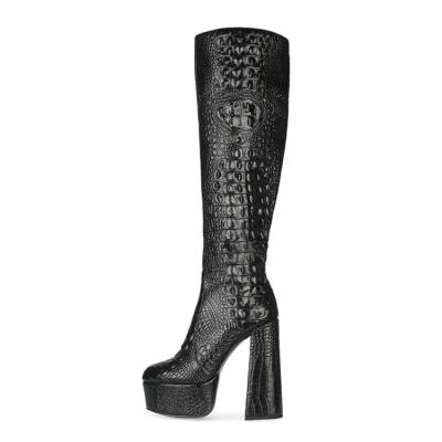 China Anti-Smell Crocodile Pattern Women's Chunky Heel Round Toe Knee High Platform Boots High Heel Booties Big Size 45 for sale