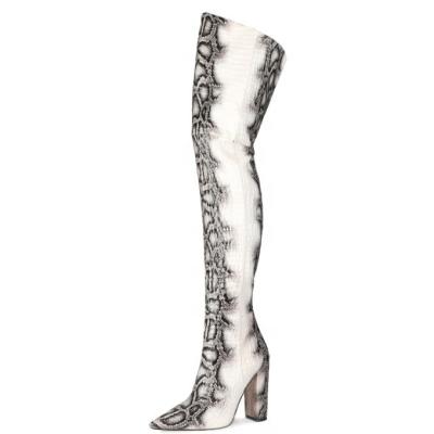 China Anti-Smell White Thigh High Chunky Heels Women Boots OverKnee Snake Python Print Size 45 Long Boots for sale