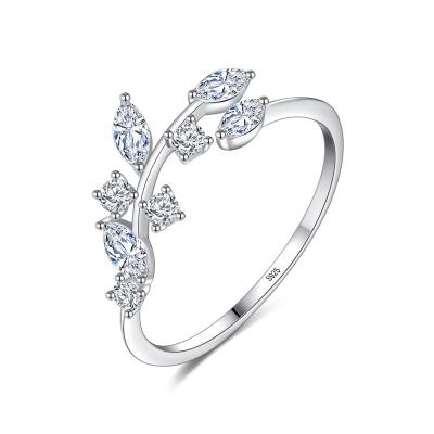 China 925 Fashion Leaf Opening Ring Personality Gilt Ladies Geometric Silver Olive Branch Inlaid Diamond Leaf Adjustable Ring for sale