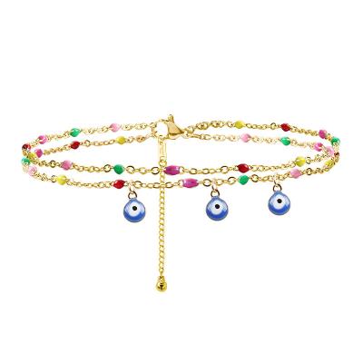 China Hot Selling Lead Free Nickel Free Boho Multi Layer Beads Evil Eyes Anklets Stainless Steel Gold Color Bead Shell Anklets For Women for sale