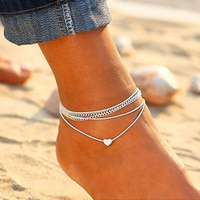 China Beach Environmental Friendly Hot Sale Silver Love Color Multilayer Anklets For Women Leg Chain Anklets Double Heart Foot Chain Bohemian Jewelry for sale