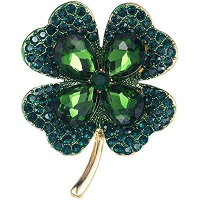 China Unisex Gold Plated Vintage Flower Decoration Lucky Dress Girls Women Brooch ALLOY Rhinestone Green Lapel Pin Brooch Crystal Clover Brooch for sale