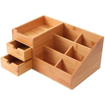 China Makeup Organizer Bamboo Vanity Countertop Bathroom Wood Cosmetic Brush Holder Jewelry Storage Storage Tray with Drawers for sale