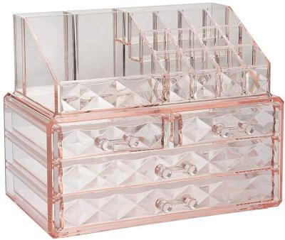 China Jewelry Stored and Cosmetic Boxes with Brush Holder Pink Diamond Pattern Storage Acrylic Organizer Makeup Storage for sale