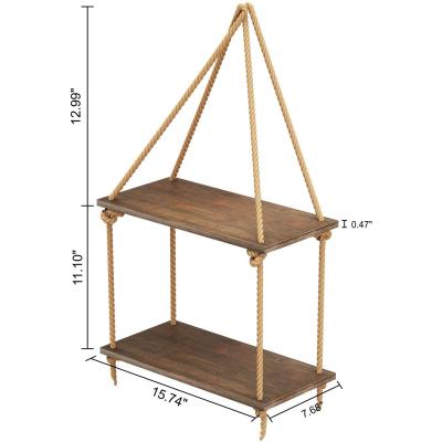 China Hanging Wall Stored Shelves Bamboo Swing Rope Shelf 2 Tier Storage Entryway Floating Hanging Organizer for sale