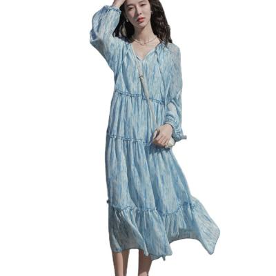 China High-waist Loose Ruffled Elegant Anti-Static Maxi Dresses For Holiday Slim Summer Solid Color Casual Dresses for sale