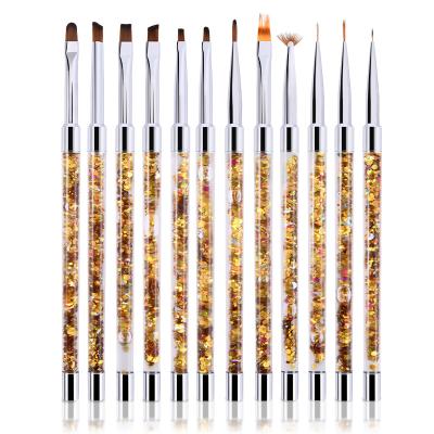 China Custom NAIL 12 D Logo and Hair Yellow Metal Tube Handle and Nylon Acrylic Art Brush Set for Nail Art Brush for sale