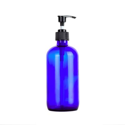 China Round 500ml Cosmetic Lotion Lotion Body Wash Bottle Blue Glass Shower Packing Bottle With Black Lid for sale