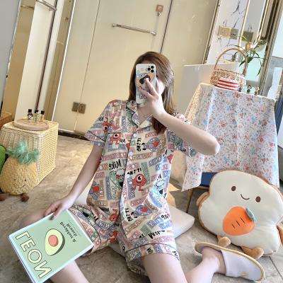 China Factory direct QUICK DRY women printed 100% polyester satin pajamas suit short sleeve top and shorts single nightgowns pajama set for sale