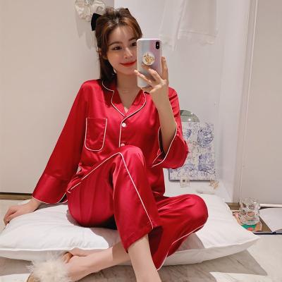 China Autumn and winter silk two sets of QUICK DRY spring and thin ice sleeves pajamas ladies autumn long silk cardigan home wear suit for sale