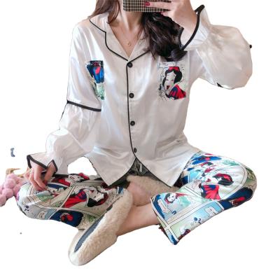 China QUICK DRY High Quality Girls Flower Print Long Sleeving Soil Silk Night Wear Sets 2Pcs Set Women Sleepwear Pajamas for sale