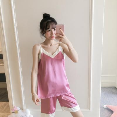 China Summer spring ice silk pajamas women's QUICK DRY thin suspenders shorts two sets of women's sleeveless simulation home wear silk aut for sale