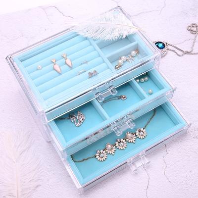 China Luxury 3 Ring Luxury 3 Ring Acrylic Drawer Clear Velvet Jewelry Boxes Organizer Velvet Jewelry Storage Box for sale