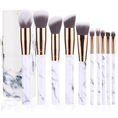 China Custom Wholesale Pink Logo Cosmetic Make Up Brush Olive Aluminum Marble Plastic Color Handle Makeup Brush Set 10pcs for sale