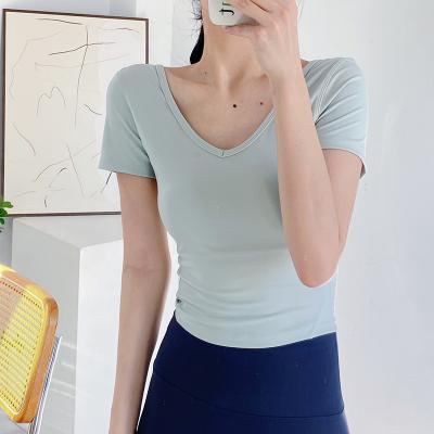 China Lulu Align Summer New Women's Breathable V-Neckline Tops Yoga Gym Running Casual Sports Quick Sexy Cropped Navel Sleeve Comfortable Crop Tops for sale