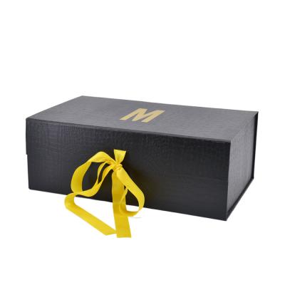 China Wholesales Recyclable Custom Logo Clamshell Folding Box Kraft Paper Luxury Black Folding Box With Ribbon for sale