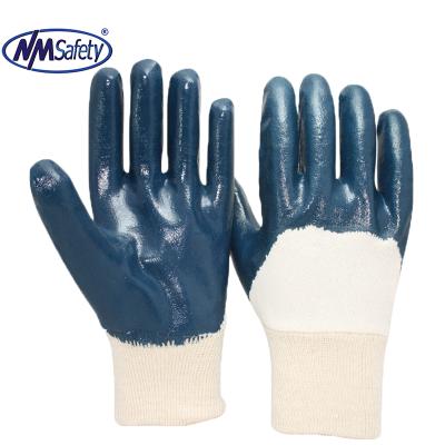 China NMSAFETY Oil Interlock Coating Coated Blue Nitrile Heavy Duty Half Knit Cuff Industrial Working Glove for sale