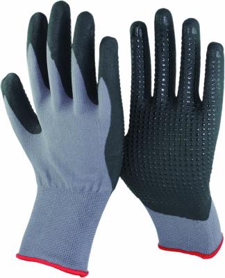 China Construction NMSAFETY 15g nylon and spandex coating dipped foam tip nitriles with nitrile dots safety glove for sale