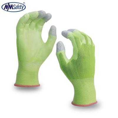 China Industrial Labor Gauge NMSAFETY 13 knitted hi-viz green nylon liner coated white PU on palm and gray carbon on top three fingers ESD gloves for sale