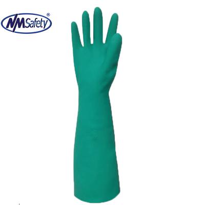 China NMsafety Anti-Slip Nitrile Long Cuff Green Work Gloves Chemical Resistant CE EN388 3101X for sale