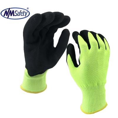 China Cut Protection NMSafety 13 Gauge Cut Hi-Viz Resistant Yellow Nylon HPPE Liner Dipped Foam Nitrile Work Gloves for sale