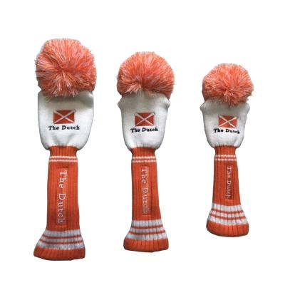 China Wool+Knitwear announced pom pom head cover knitted golf head cover white/orange golf driver head cover for sale