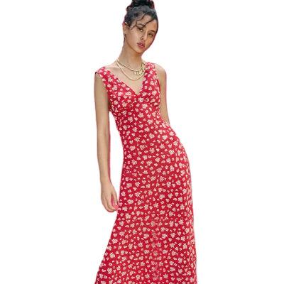 China New hot-selling anti-static sleeveless sexy dress deep V neckline all fitted sweet wind ladies floral dress for sale