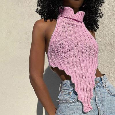 China Anti-wrinkle Sexy Halter Turtle Neck Backless Summer Autumn Slim Sweater Knit Women Crop Top Irregularly for sale