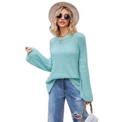 China Anti-wrinkle Autumn Winter Fashion Solid Sweaters Round Neck Chunky Loose Sleeve Ladies Knit Pullovers Women Sweater Flush Color for sale