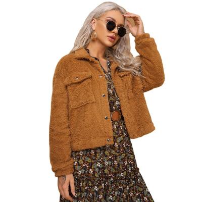 China Anti-Wrinkle Women Solid Color Long Sleeve Button Down Shirt Lapel Fuzzy Jacket Oversized Outerwear for sale