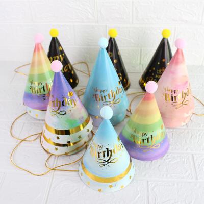 China Custom Birthday Party Decorations Happy Birthday Paper Hats Pompom Hat Blue Baby Shower Hats Boy Girl Party Toys Decoration for sale